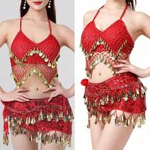 Women's Belly Dance & Style Costume (Bra + Waist Chain), Fringed Dance Top, Slit Skirt, Wrap-Around Skirt, Bohemian, Retro, Sari-Inspired Design,Hip Wrapped Skirt, Dance Skirt, Bohemian, Retro Style, Saree Sari Inspiration. - Multicolor - View 2