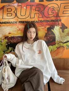 美式慵懶風白色與灰色圓領運動衫 女款 2026年秋季 寬鬆薄款無帽上衣 休閒 - 花灰色 - 查看 2