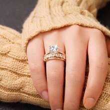 Juego de anillos de diamantes simulados estilo japonés y coreano inspirado en INS, 2 piezas/set o 3 piezas/set, anillo de mujer con diamantes morados para pareja, juego de 2 anillos con diseño de rosa 3D estilo europeo y americano, juego de anillos de compromiso con diamantes completos, joyería de boda, anillo de matrimonio con diamantes, accesorio con temática de regalo para el Día de la Madre - Morado - Ver 3