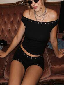Women Summer Matching Set Off The Shoulder Studded Short Sleeve Top And Low Rise Micro Shorts 2 Piece Lounge Set - 黑色 - 查看 5