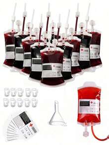 31pcs(1set) Halloween Blood Bags, 1set 10pcs Blood Bags, Includes 1 Funnel, 10 Labels And 10 Clips, Reusable, Vampire Nurse Hospital Theme Party Props, For Holiday Decoration Only - A - View 3