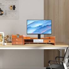 Soporte para monitor resistente con cajón, soporte elevado para monitor, estante de escritorio, organizador para oficina, estudio y juegos. - color madera - Ver 2