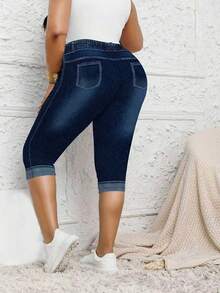 Celana Capri Slim Fit Motif Denim Ukuran Plus Wanita, Desain Ujung Bawah Berlipat Palsu, Legging Elastis Sedang, Ciptakan Tampilan Musim Gugur yang Modis untuk Liburan Musim Panas - Navy Blue - View 2