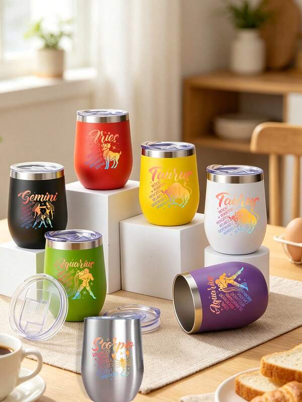 OBOVAY 12oz Steel Egg-Shaped Insulated Travel Mug With Colorful Zodiac Pattern And Lid, Portable Travel Cup, 304 Stainless Steel Material, Cold-Insulated Coffee Cup, Eggshell Water Bottle, Vacuum Insulated Wine Cup, All-Season Beverage, Perfect Teacher Back-To-School Gift, Best Teacher Gift For School Events, Great Gift For Family And Friends, Birthday Gift, Party Gift, Teacher's Day Gift, Wedding, Holiday