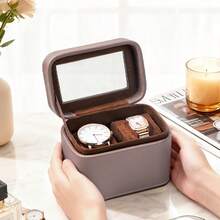 1pc 2-Slot Leather Watch Box With Mirror, Dust-Proof Transparent Visible Compact Portable Scratch-Resistant Premium PU Leather With Soft Velvet Lining Watch Storage Box, Minimalist Luxury Business Style Solid Grey-Brown Rounded Small Rectangular Transparent Window Built-In Mirror Removable Soft Pad Watch Storage Protection Display Travel Watch Storage Box Business Trip Vanity Daily Use Birthday Gift Holiday Gift - Multicolor - View 7
