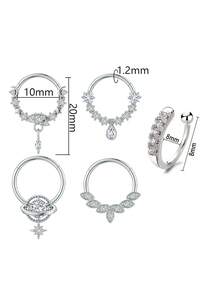 6pcs Stainless Steel Nose Ring Set, Zirconia Water Drop Pendant, Open U-Shaped Nose Clip, Unisex - 6-piece Nose Ring Set - View 6