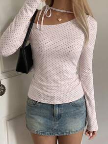 Sunny Girly Autumn Petite Women's Pink Korean-Style T-Shirt, Polka Dot Print With One Shoulder Tie Design, Great For Street Style And Dates. Casual - Pink - View 1