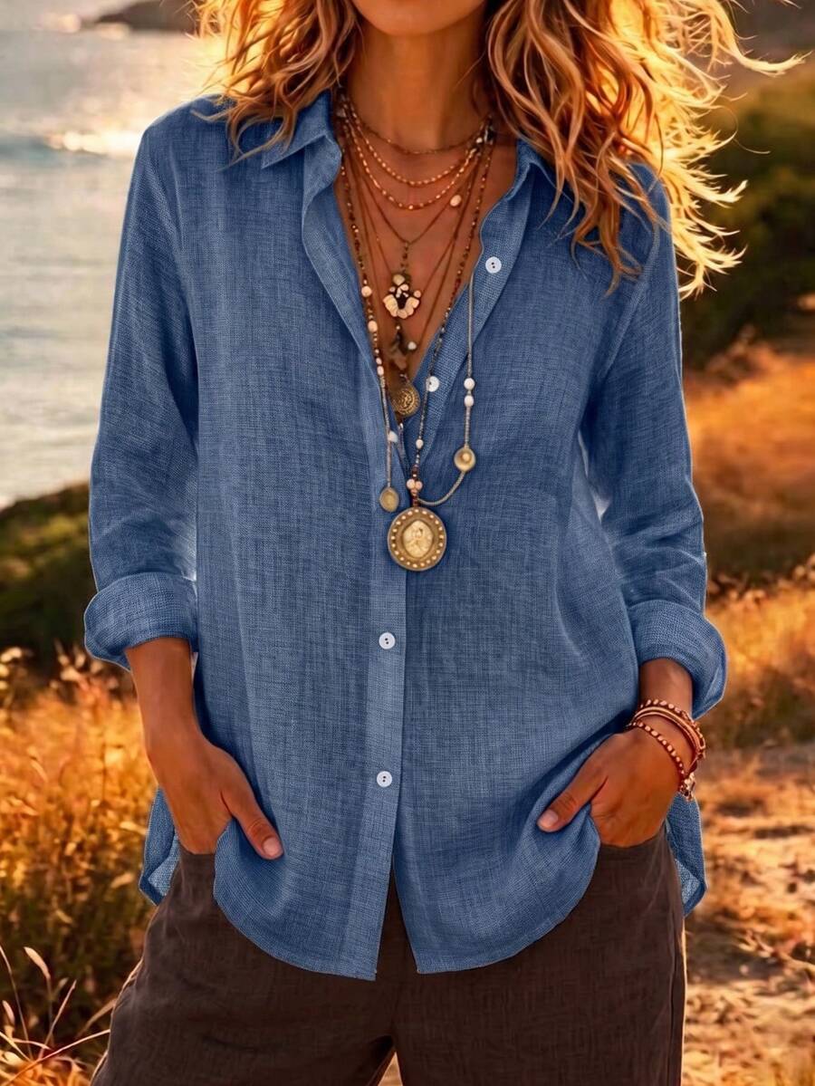 Loose Fit Women's Cardigan, Long Sleeves With Roll-Up Option, Denim-Effect Color Fabric, Suitable For Autumn Casual Wear - Blue - View 1