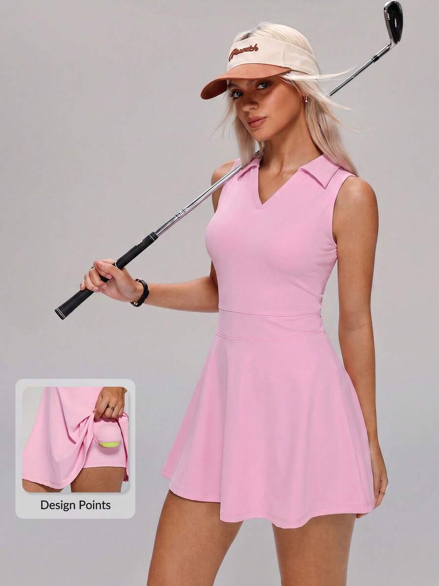 MASKERT Women's Tennis Golf Pickleball Badminton Pilates Yoga One-Piece Athletic Mini Dress For Daily Wear, Work Commute & Beach Vacation - Pink - View 1