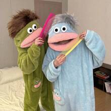 1pc/6 Styles: White, Purple, Yellow, Green One-Piece Pajamas, Premium Loungewear, Suitable For Cosplay, Unisex One-Piece Pajama Set, Cute And Funny Cartoon Big Mouth Monster Thick Coral Fleece Loungewear, Couple Pajamas, Cartoon Pajamas - Multicolor - View 2