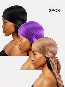 3pcs Women's Faux Silk Satin Long Ponytail Pirate Hats, Suitable For Daily Wear - Black/Wine Red/Navy Blue - View 11