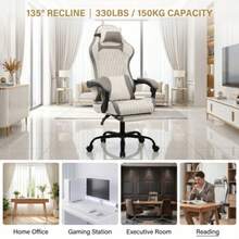 Silla ergonómica para juegos y oficina, fabricada en cuero sintético transpirable, equipada con reposapiés, estructura de acero y ruedas silenciosas, giratoria 360°, adecuada para la oficina en casa y para jugar. - Blanco - Ver 9