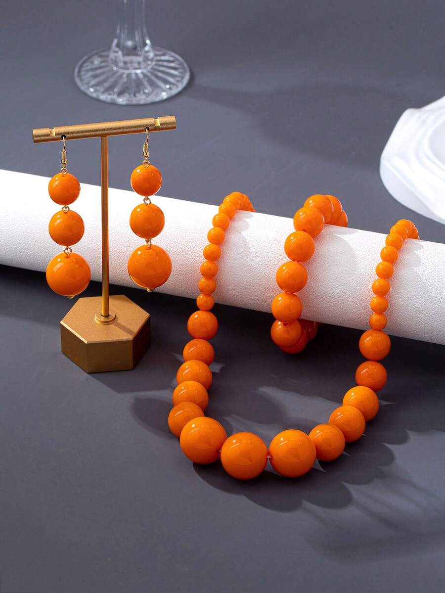 4pcs Bohemian Style Acrylic Asymmetrical Geometric Beaded Pendant Bracelet, Earrings, Necklace Set Suitable For Women's Daily, Summer, Vacation, Party, Festival Wear - Orange - View 1