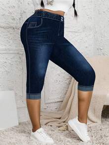 Celana Capri Slim Fit Motif Denim Ukuran Plus Wanita, Desain Ujung Bawah Berlipat Palsu, Legging Elastis Sedang, Ciptakan Tampilan Musim Gugur yang Modis untuk Liburan Musim Panas - Navy Blue - View 5
