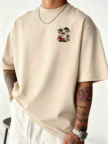 大尺碼男士刺繡印花短袖T恤 | 適合夏季穿著 | 舒適透氣 | 引領時尚 - 杏色 - 查看 4