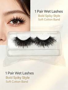 1 Pair 20mm Black Slim Cartoon Wet Look Faux Mink Natural Voluminous False Eyelashes - Black - View 2