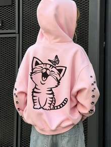 Tween Girl 1pc Fleece Lined Thick Warm Cute Cartoon Cat Print Hooded Sweatshirt With Cat Paw Sleeve Design, Young Student Children's Clothing, Suitable For Kids Autumn/Winter Long Sleeve Top, Girls Autumn/Winter Outfit - Pink - View 3