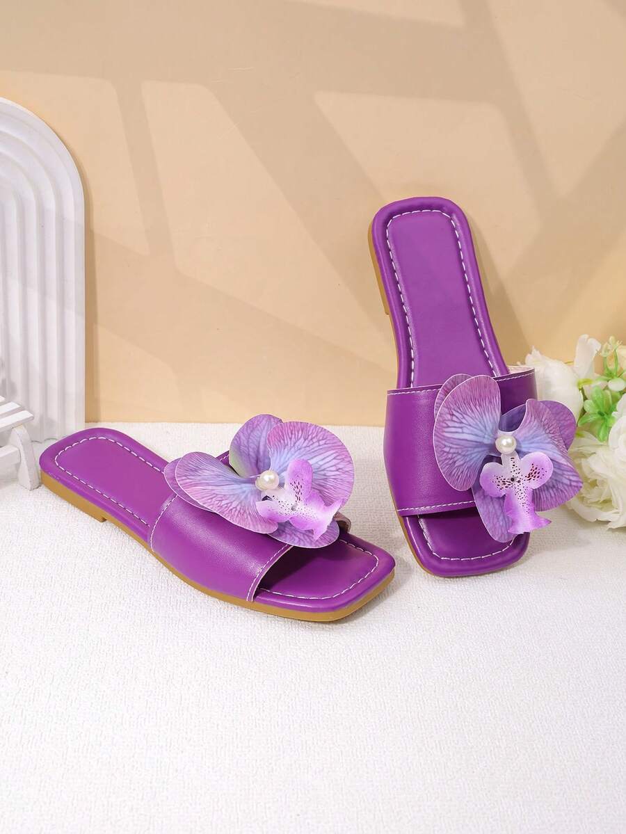 1 Pair Girls Purple Floral Sandals, Anti-Slip Wear-Resistant Square Toe Flat Bottom Sweet Style, Spring/Summer - Purple - View 1