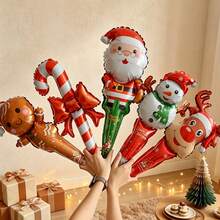 10pcs 60cm Mini Santa Claus & Snowman Handheld Stick Foil Balloons, Random Styles, Christmas Party Decoration Balloon Set - View 2