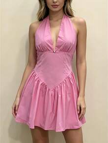 Women's Stylish Halter Mini Dress Summer Fashionable Solid Color Deep V Neck Sleeveless Ruffle Hem Dress - Pink - View 1