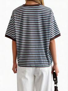 GLAMSKIN Women's Summer/Autumn Basic Striped Round Neck Loose Short Sleeve T-Shirt, Solid Color Minimalist Casual Top, Suitable For Back To School, Outings, Streetwear, Work Commute - Blue and Brown Stripes - View 2