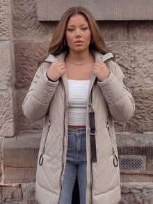 Astrid Plus Size Winter Casual Denim Detail Hooded Mid-Length Cotton Padded Coat - Beige - View 6