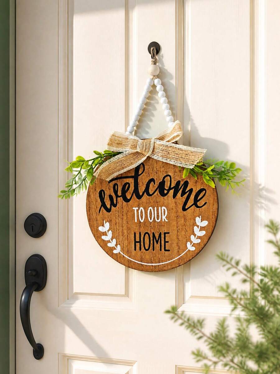 1件綠葉蝴蝶結木製門牌「Welcome Home」牆掛裝飾(小圓形),適用於玄關門、牆面、房間、居家、客廳、臥室、商店及各種場合,感恩節、聖誕節禮物,送給朋友與家人的節日禮物 - 彩色 - 查看 1