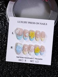 10pcs/Set Macaron Gradient Blue Almond Short Handmade Press On Nails 3D White Yellow Flower & Seashell Texture False Nail French Tips With Pearl Decor For Summer Party Daily Manicure - Baby Blue - View 5