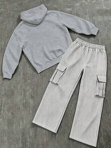 2pcs/Set Minimalist Boys Outfit, Peace Smile Print Hoodie + Striped Cargo Wide Leg Pants, Soft & Warm Autumn Daily Wear - Grey - View 3