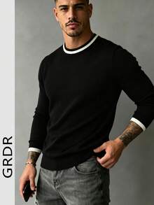 GRDR Men's New Contrast Color Crew Neck Knitted Long Sleeve Top - Versatile Daily Commute Outfit - Black - View 2
