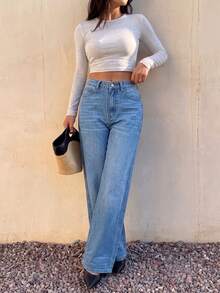 Women's Casual Straight Leg Denim Jeans, Non-Stretch Long Pants, Button And Zipper Fly, Versatile Everyday Style - Light Wash - View 7