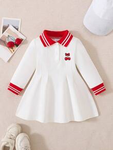 Autumn/Winter New College Style Striped Polo Collar Girls Dress, Cherry Embroidery Contrast Color Ribbed Cuffs, Waist-Cinched Long Sleeve Baby Girl Polo Princess Dress - White - View 2