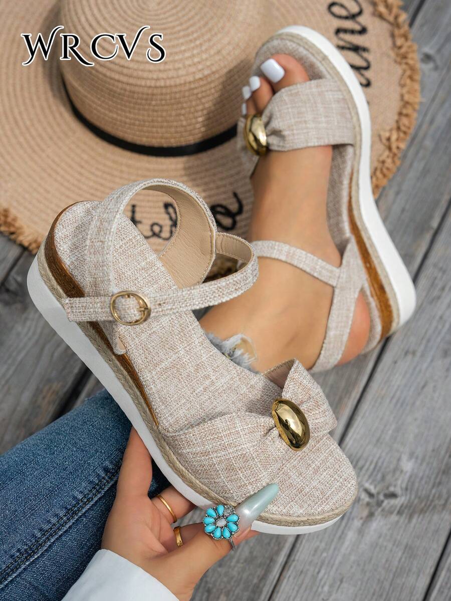 WRCVS Sandal Platform Wedges Tali Anyaman Warna Beige, Sandal Liburan Musim Panas dengan Sol Tali, Sepatu Penambah Tinggi Badan Gaya Bohemian dengan Motif Acak