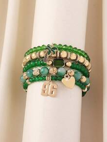 5pcs Saudi Arabia 96th National Day Palm Tree & Number Heart Pendant Green Beaded Layered Bracelet Set, Suitable For Women's Daily, Holiday, Party, Gathering, Nightclub, Celebration, Carnival Matching Wear - Green - View 7