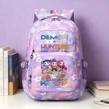 Miniso Colorful Letter Full Group Cartoon Figure Print Gradient Purple Pink Cherry Blossom Chevron Quilt Large Capacity Student Backpack Multi Compartment Sc - Purple - View 1