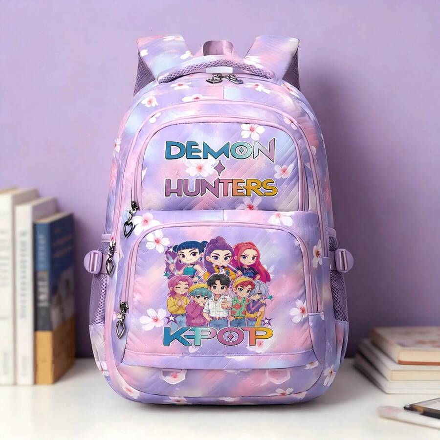 Miniso Colorful Letter Full Group Cartoon Figure Print Gradient Purple Pink Cherry Blossom Chevron Quilt Large Capacity Student Backpack Multi Compartment Sc - Purple - View 1