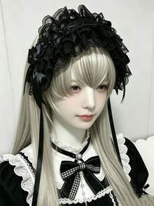 1pc Hair Bands For Women - Lace Bow Double Clip Lightweight Hairband, Cute Maid Cosplay Blue & White Accessory​ - 淺藍色 - 查看 9