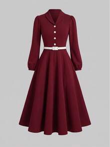 Elegant Women's Colorblock Cinched Waist Lapel Long Sleeve Mid-Length Dress, Front Button Long Sleeve Design, With Belt Red - Red - View 5