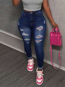Women's Autumn Fashion Ripped Skinny Jeans - Dark Wash - View 2