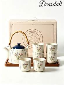 DearDali 1 Set Modern Minimalist Striped Floral Ceramic Teapot Set, Home Tea Cups, Teapot With Tray, Gift Box Packaging, Suitable For Afternoon Tea, Family Gathering, Living Room Decoration, Friend Gift - Multicolor - View 17