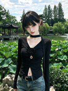 1件女款黑色V領長袖針織毛衣，玫瑰不對稱下擺T恤，修身顯瘦緞帶上衣，適合秋季 - 黑色 - 查看 3
