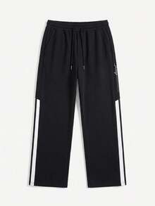 SU ER Men's Summer Loose Drawstring Elastic Waist Casual Pants, Draped Lazy Wide Leg Long Trousers - Black - View 4