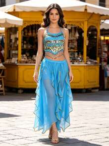 Bohemian Belly Dance Coin Sequin Halter Top, Side Slit Flowy Chiffon Wide Leg Pants For Market, Festival Carnival, Travel Photoshoot And Themed Event - Multicolor - View 14