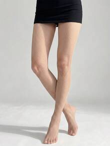 Nude Skin Tone Fine Mesh Fishnet Tights, High Elasticity, Breathable, Anti-Snag, Daily Commute, Low-Key, Slimming, Natural Skin Feel Grid Stockings - Apricot - View 3