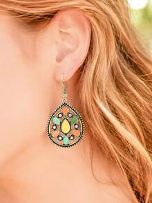TopHanqi 1 Pair Macaron Colorful Glazed Water Drop Earrings, Vintage Antique Gold Bohemian Hollow Long Dangle Earrings For Women - Multicolor - View 2