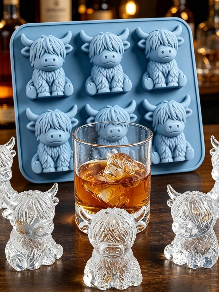 1個6格高地牛矽膠冰塊模具，易脫模可重複使用，適合居家飲品製作，可愛高地牛造型，廚房小工具冰盤，適用派對、生日派對，廚房用品廚房工具