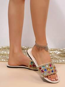 White Base Multicolor Rhinestone Flat Slide Sandals, Wide Strap Full Diamond Outdoor Slippers, Luxury Women Open Toe Slides For Summer Beach Vacation - White - View 5