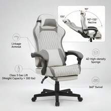 Silla ergonómica para juegos y oficina, fabricada en cuero sintético transpirable, equipada con reposapiés, estructura de acero y ruedas silenciosas, giratoria 360°, adecuada para la oficina en casa y para jugar. - Blanco - Ver 10