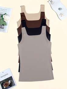 4pcs Women's Sports Camisole Tank Tops, Solid Color, Soft & Comfortable, Seamless, Wavy Square Neck, Cool Touch, Anti-Exposure, Wide, Sleeveless, Backless - Multicolor - View 2