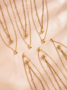 2pcs/Set Elegant Stainless Steel Golden Tiny Flower 26 Alphabet Pendant Necklace Set Personalized Name Initial Layered Jewelry For Women Daily Gift - Multicolor - View 4